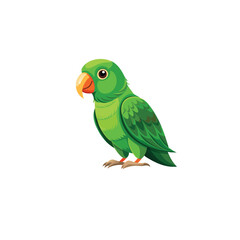 A green parrot with colorful feathers perched on a branch, isolated on a white background, showcasing its exotic and tropical nature