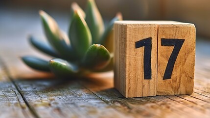 Number 17 on wooden pine block on white background next to a succulent plant with room 
