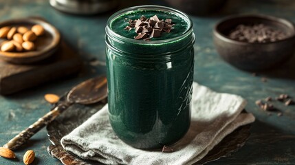 A glossy, deep green spirulina smoothie served in a mason jar, artistically garnished with cacao nibs and almonds on a rustic linen napkin