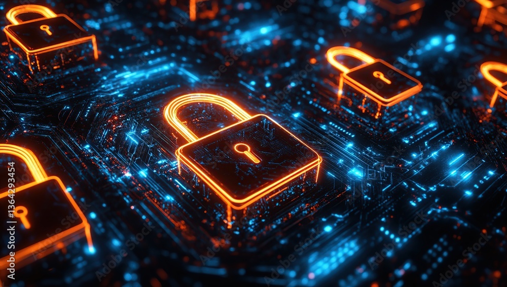 Poster abstract digital security concept with glowing padlocks on circuit board