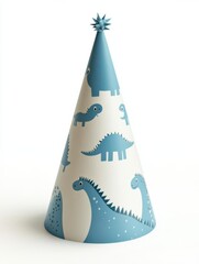 Colorful party hat with dinosaur designs, set against a plain background for festive occasions