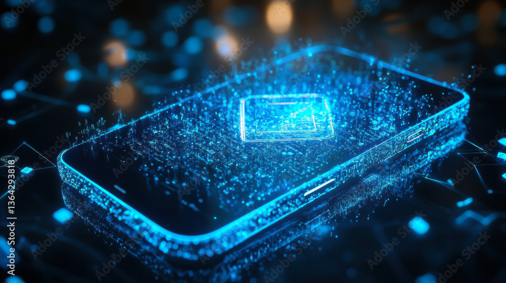 Aufkleber smartphone with a glowing shield hovering above it, showing encrypted messages and secured data