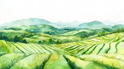 Fototapeta premium Vibrant watercolor landscape showcasing rice paddies, wheat fields, and tea plantations in lush green hills during a spring day