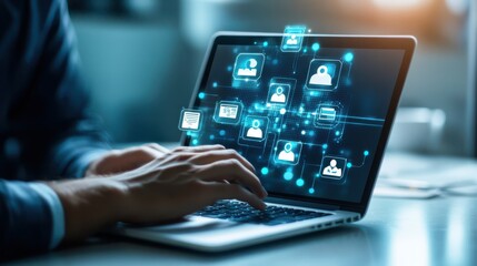Digital Network, Online Connection, Data Management, CRM Software, Business Technology, Laptop User, Cybersecurity Concept