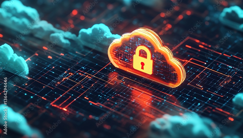Poster secured cloud data network: digital lock on glowing cloud over circuit board