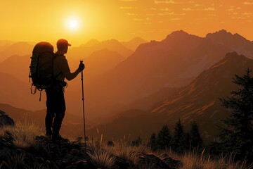 A silhouetted hiker stands on a mountain peak at sunset, gazing over a majestic landscape filled with peaks and valleys.