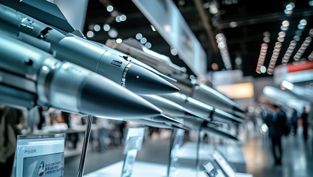 Close Up of Grey Missiles Displayed at an Industrial Exhibition