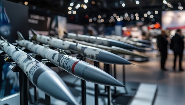 Guided Missiles Displayed at a Defense Exhibition