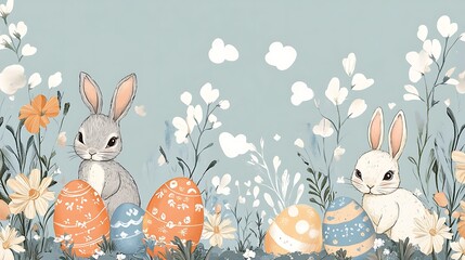 Easter bunnies with eggs, and flowers. (4)