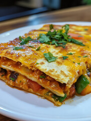 Omelet with spinach, bacon, and cheese on a plate with tomato sauce and vegetables