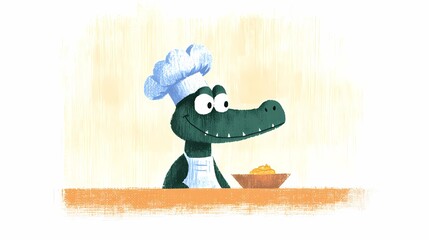 Cute Crocodile Chef, Smiling crocodile wearing a chef's hat, preparing food.