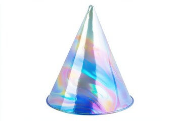 Fototapeta premium Colorful iridescent party hat on a white background, ideal for festive celebrations and events