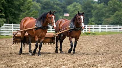 Pair Of Brown Draft Horses Pulling A Carriage On A Farm