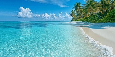 Fototapeta premium Tropical Beach with Clear Turquoise Water, White Sand, and Coconut Palm Trees Under a Bright Blue Sky – Idyllic Summer Paradise Coastal Landscape
