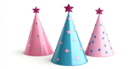 Colorful party hats in pink and blue arranged on a white background for festive celebrations