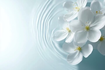 Obraz premium A serene composition of delicate white flowers floating on calm water, creating gentle ripples, embodying tranquility and beauty.