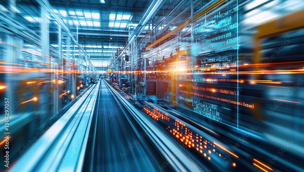Poster futuristic factory interior with data streams and motion blur