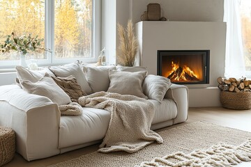Fototapeta premium cozy living room with a fireplace, offering a warm and inviting atmosphere. The room is beautifully decorated with comfortable furniture and natural elements