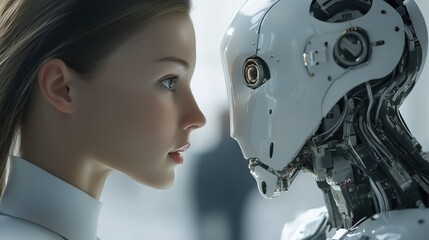 Fototapeta premium Futuristic Encounter: A Beautiful Human Woman Engaging in an Intense Stare with a Highly-Detailed Android Robot, Featuring Realistic Textures and Soft Lighting in a Sci-Fi Environment