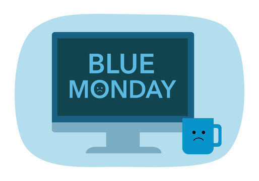 Office PC desktop with text blue Monday and sad face on blue coffee cup. - Powered by Adobe