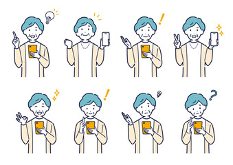 スマホを持つシニア女性のイラストセット