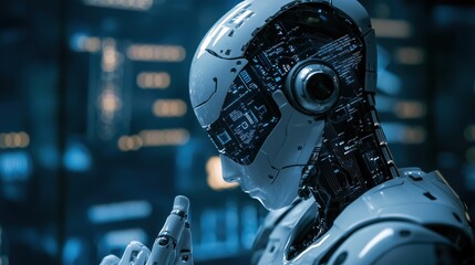 Fototapeta premium Futuristic humanoid robot in a high-tech environment, showcasing intricate digital circuits and sensors, exuding a contemplative mood with soft blue lighting and sleek design elements