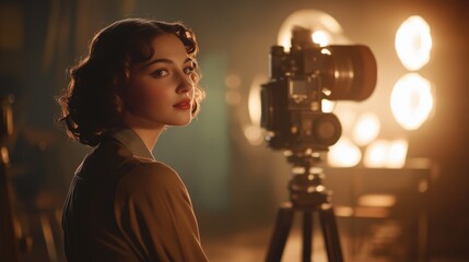 Elegant Young Woman with Vintage Style in Soft Focus, Surrounded by Old Film Camera, Warm Ambient Lighting and Artistic Bokeh, Evoking Nostalgic Retro Atmosphere