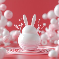 Easter concept, Cute abstract rabbit figure surrounded by bubbles on a pink background.