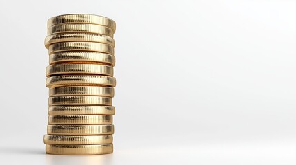 High stack of golden coins on white background financial success concept
