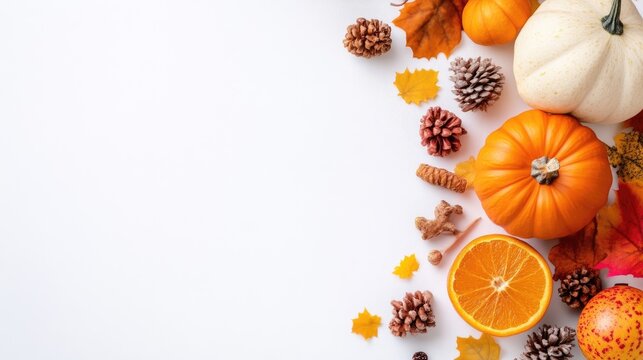 Autumnal Thanksgiving display with pumpkins, leaves, pinecones, and citrus