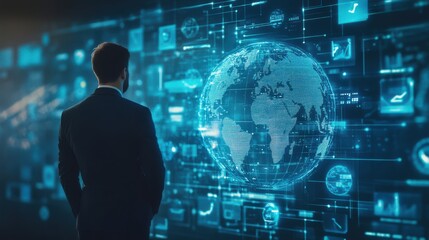 Global Businessman Analyzing Big Data, Digital World, Futuristic Technology Interface