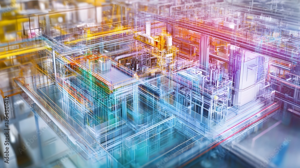 Poster a computer generated image of a city with many buildings and a lot of pipes. the image is colorful a