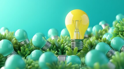 Renewable Energy, Environmental protection, sustainable energy sources A vibrant yellow light bulb surrounded by green energy-efficient bulbs, symbolizing innovation and sustainability.