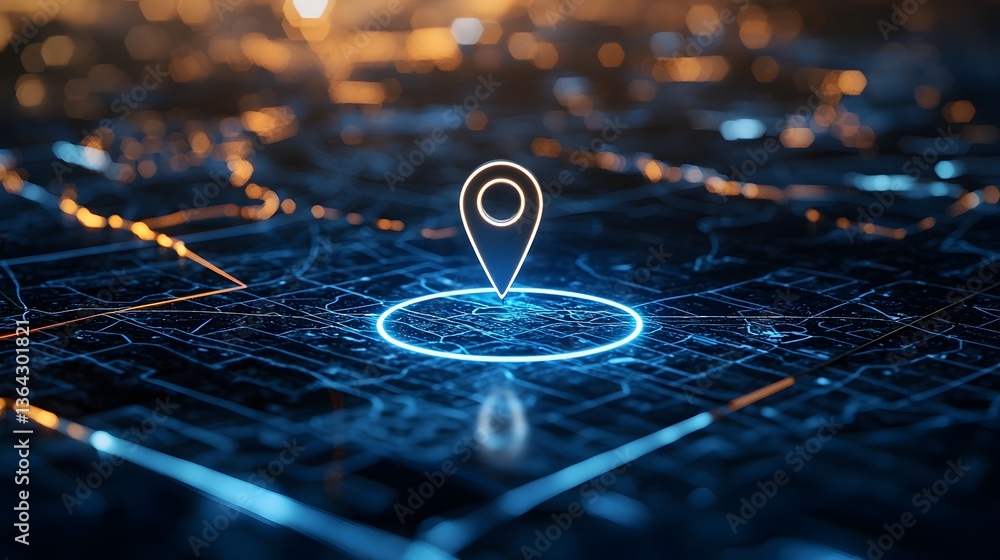 Poster Glowing blue location pin on a futuristic digital map with interconnected lines and network details representing the concept of navigation travel and global
