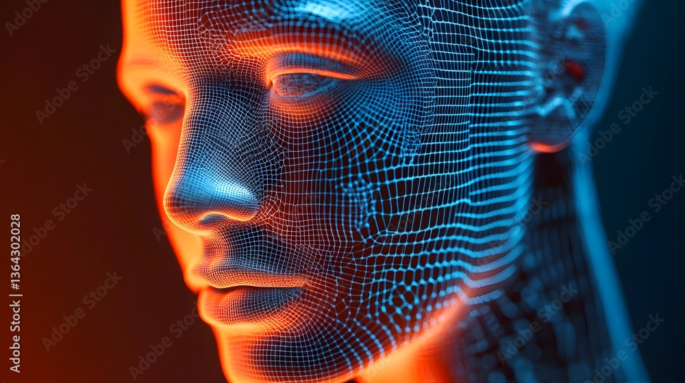 Poster a woman's face is shown in a computer generated image. the face is made up of many small squares, gi