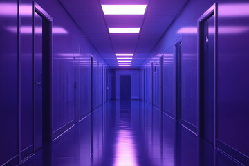 Fototapeta premium A modern office corridor with clean walls and lighting, inside a building with doors and a long empty hallway