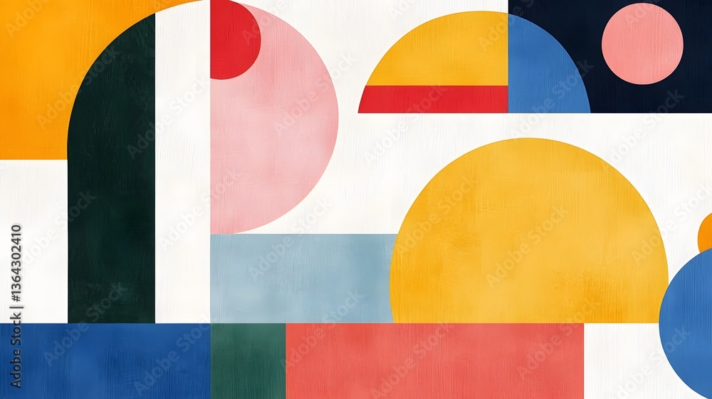 Poster An abstract composition of bold geometric shapes in a harmonious arrangement of primary colors creating a clean and visually striking background