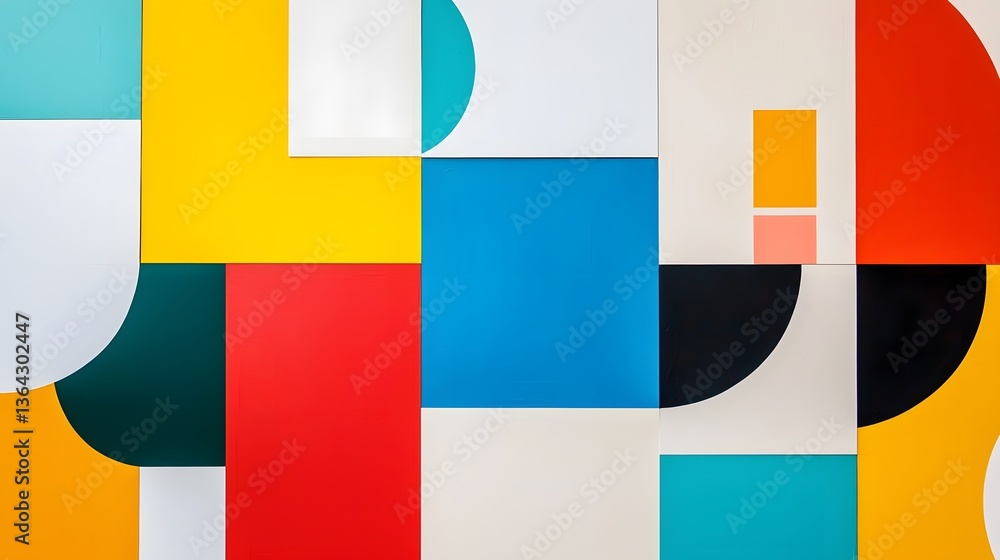 Poster An abstract digital artwork featuring a layered arrangement of vibrant geometric shapes in primary colors creating a clean modern and visually striking design