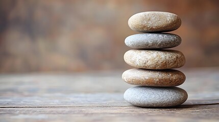 Balanced stack of smooth stones perfectly arranged to illustrate zen simplicity and natural harmony in a still environment