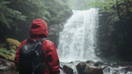 Obraz premium Majestic Waterfall in Lush Green Forest: Adventurous Hiker in Rainy Atmosphere Captivated by Nature's Beauty, Featuring Cascading Water, Foggy Vibes, and Vibrant Colors