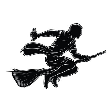 Mascot Quidditch Player Silhouette, Vector, Icon, Logo, White Background.