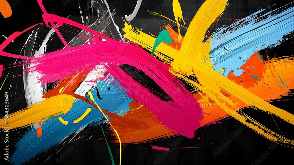 Aufkleber energetic and visually striking abstract painting featuring bold neon brushstrokes on a dark canvas 