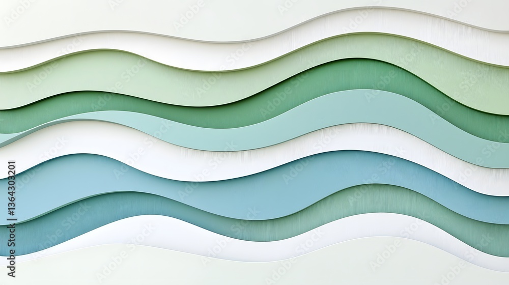 Poster Minimalist abstract background with flowing wavy lines in soft blended shades of green and blue creating a serene and calming visual experience