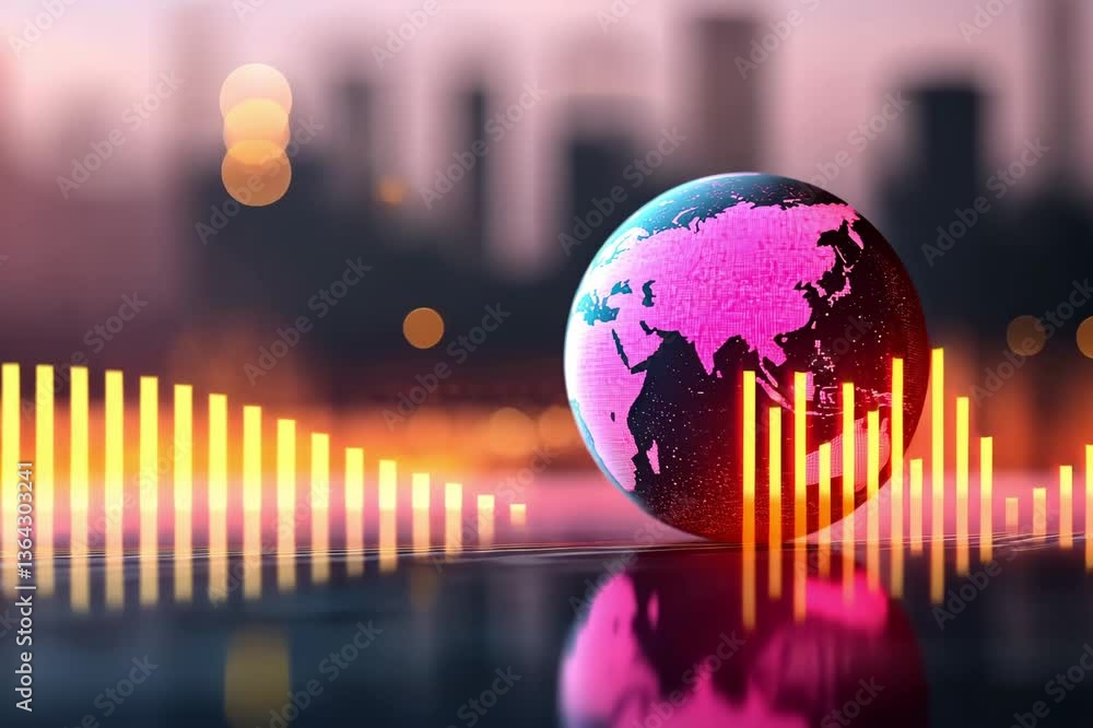 Poster vibrant globe with pink map reflects global data trends, surrounded by glowing bar graphs and analyt