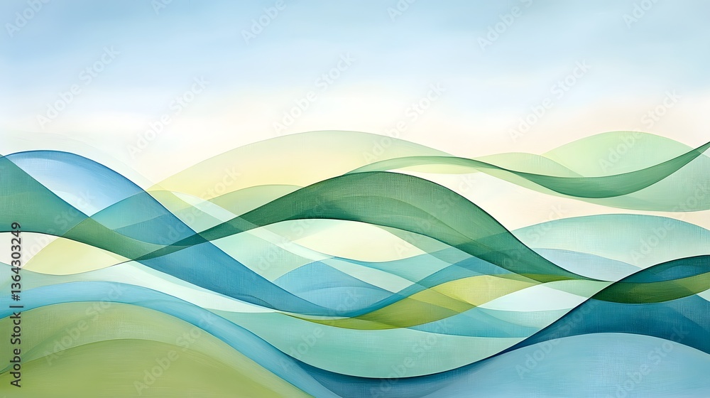 Poster a tranquil abstract landscape composed of gently undulating hills and valleys in soothing shades of 