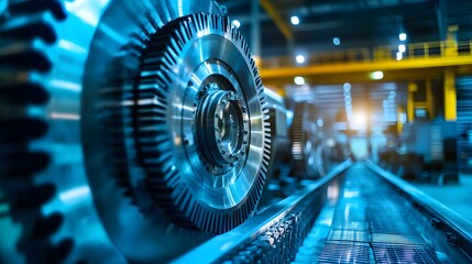 Fototapeta premium A large gear is shown in a factory setting. Concept of industrial production and machinery