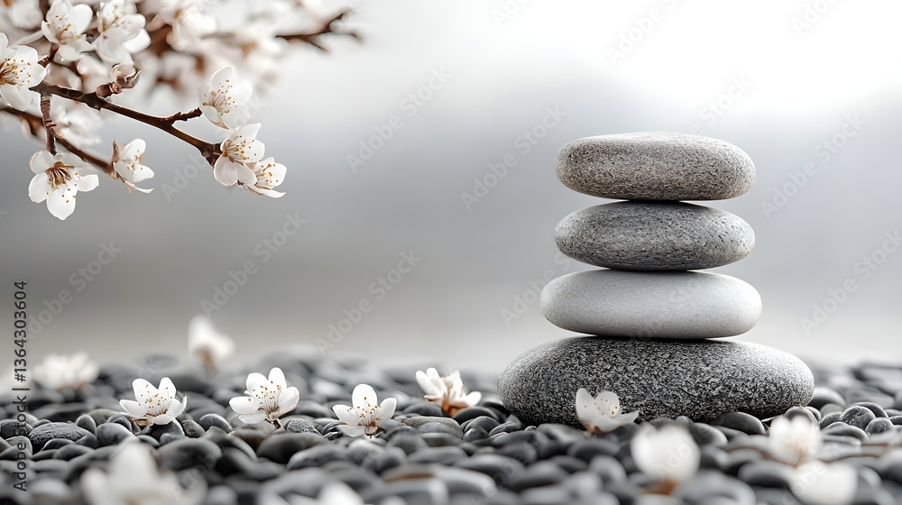 Poster serene composition of a stack of rocks adorned with delicate flowers creating a tranquil zen-inspire