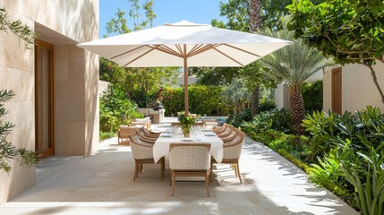 Fototapeta premium Elegant outdoor dining space adorned with greenery and a large umbrella.