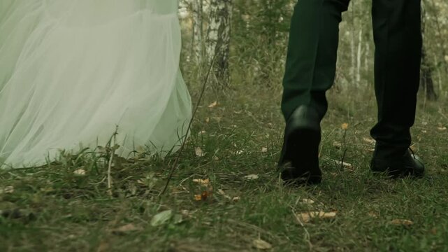 Legs of the bride and groom walking in the forest