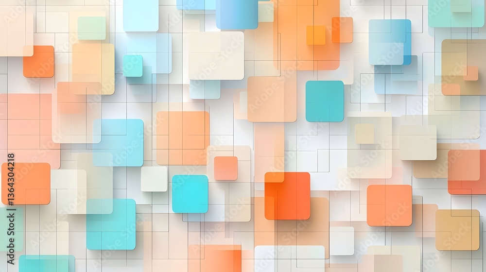 Poster A digital abstract background featuring a grid of vibrant pixelated squares in warm orange blue and beige tones creating a retro inspired and minimalist design